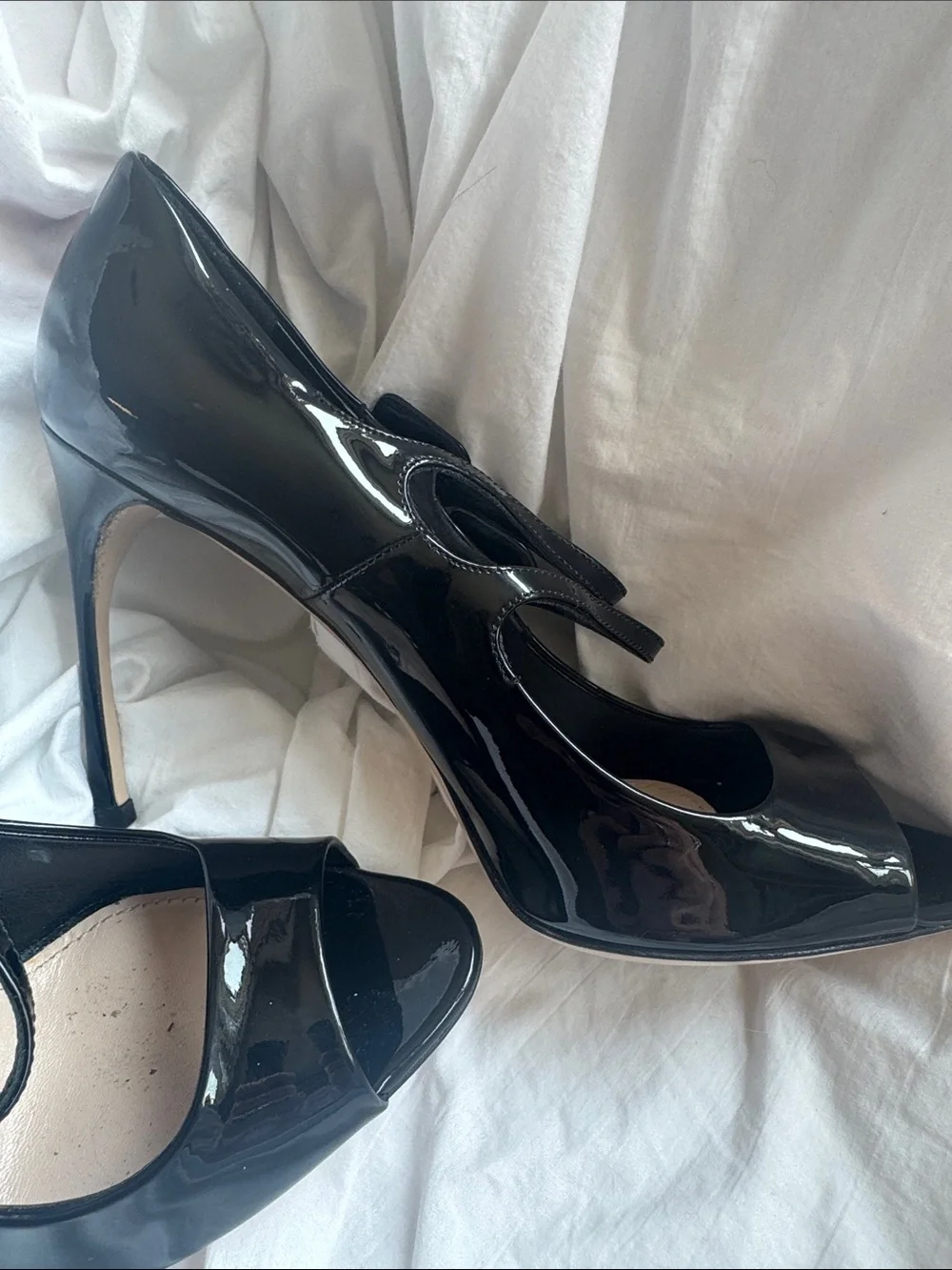 Miu Miu Black Patent Leather Mary Jane Peep-Toe Heels with Double Straps